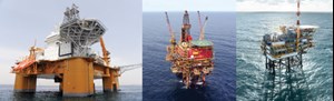 The Deepsea Stavanger is a dual-derrick, sixth-generation deepwater semisubmersible that operates on the NCS (left). Photo: Wintershall. In December, first oil was announced from Cladhan field, which is developed as a subsea tie-back to the Tern Alpha platform (center). Photo: TAQA. Wintershall’s largest natural gas production platform in the Dutch sector of the North Sea is the F16-A. It is one of more than 20 offshore platforms that the company operates in the region (right). Photo: Wintershall.