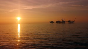 The Johan Sverdrup crude oil field offshore Norway at sunset