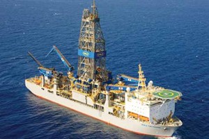 Fig. 1. ExxonMobil and its partners will make the Starbroek Block offshore Guyana one of the world’s most active exploration areas, where the drillship Noble Tom Madden is at work. Image: Noble Drilling.