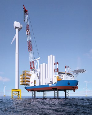 Fig. 3. The third in a series of high-performance wind installation jackups introduced during the last couple of years by GustoMSC, the NG-20000X jackup is considered a complete solution for installation of next-generation wind turbine components and foundations. It features a 160-m telescopic leg crane that can handle increased load capacities at different heights.