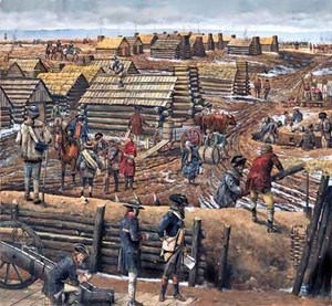 Fig. 1. During the Revolutionary War, General George Washington and the Continental Army did not have the benefit of using oil to heat their encampment at Valley Forge, Pa., to survive the winter of 1777-1778. Illustration by Keith Rocco, Harpers Ferry Center Commissioned Art Collection, National Park Service.