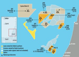Noble Energy-operated field developments offshore Israel and Cyprus. Image courtesy of Delek Group.