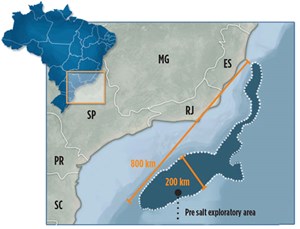 Fig. 1. Current geological models define the pre-salt as an 800-km by 200-km area that extends from mid-south Brazil to mid-north southeastern Brazil. Map: Petrobras.