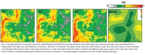 Fig. 4. Average Meramec A porosity map from ranked ResPack HD effective porosity scenarios (p10, p50, p90) and a density-porosity map interpolated from independent well data over the Meramec A intervals, c. 40-50 ft in thickness.