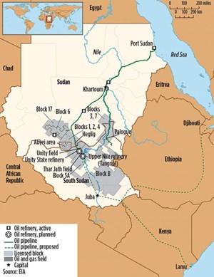 Fig. 1. Key oil infrastructure in Sudan and South Sudan. Political strife and attacks from rebels have caused production to decline by almost half since 2010.