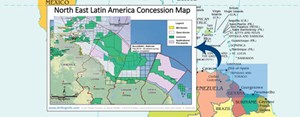 Licenses&#x2F;blocks are active in four countries along South America’s northeastern coast, including Guyana and Suriname. Map: drillinginfo.com.