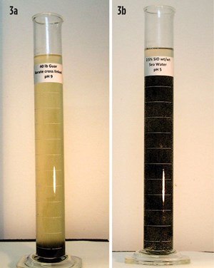 (A.) Under lab conditions, 2 lb&#x2F;gal carbon steel shot S.G. 7.6 is suspended in a 40-lb&#x2F;Mgal guar, borate cross-linked. (B.) Under lab conditions, 2 lb&#x2F;gal carbon steel shot S.G. 7.6 is suspended in 2.5%-by-weight  silica gel in sea water after one hour at room temperature.