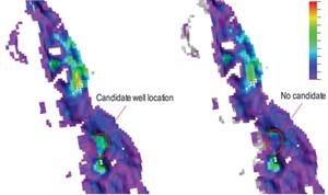 Fig. 4. Maps of remaining mobile oil volume in one target formation. Shown is the average map covering all equiprobable ensemble members (left) versus a randomly selected single member (right). The color coding follows a normalized scale between low (purple) and high values (red).