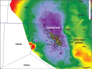 The graphic shows the gross structure of the Delaware basin and Central basin platform features of the Permian basin of West Texas. Study wells are bubble-mapped.