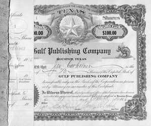 Gulf Publishing Company’s first 100 shares went to Joe Cathriner, manager of the Houston Stock Exchange, who became the first GPC president.