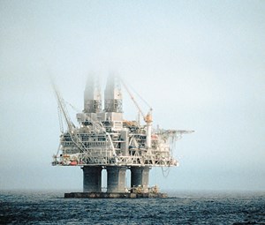 Fig. 3. In a view typical of the region’s notorious weather, the Hibernia platform is partially obscured in fog. Photo: Suncor Energy.