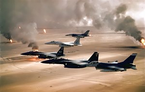 Fig. 1. Aircraft from the United States Air Force’s 4th Fighter Wing fly over burning Kuwaiti oil wells. Image: USAF.