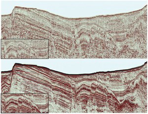 Fig. 3. Modern reprocessing of seismic data acquired in the Mediterranean Sea in the 1980s shows a dramatic increase in clarity (bottom). Top shows the original section with reprocessed section below.