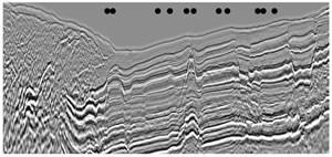 Fig. 4. 2D seismic line from an Indonesian seismic survey showing faults and stratigraphy.  Satellite slicks (circles) occur above potential conduits for oil migration to the seabed, suggesting a strong likelihood that these are naturally occurring seeps.