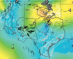 Fig. 1. Stress map of Texas, showing maximum horizontal stress (SHmax) orientations and faulting regime, categorized using the Aφ system of Simpson [1997] (see text for details). Basin boundaries are from the U.S. Energy Information Administration. The Rio Grande Rift boundary was compiled from Seager and Morgan [1979] and Perry et al. [1987]. Source: State of stress in Texas: Implications for induced seismicity, Jens-Erik Lund Snee and Mark D. Zoback, Department of Geophysics, Stanford University, Stanford, Calif., 2016.