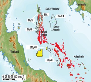 Fig. 2. KrisEnergy has begun drilling of the East Mayura-1 exploration well in the Gulf of Thailand’s G10&#x2F;48 contract area. The area contains the Wassana, Niramai, Mayura and Rayrai oil discoveries. Source: KrisEnergy.
