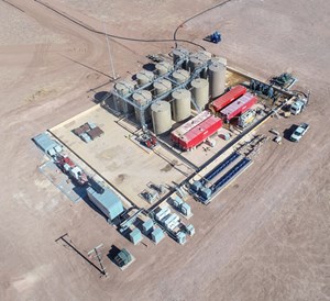Fig. 4. A fixed-location treatment facility setup, adjacent to a tank battery in the Permian region, featured both filtration and automated dosing of the oxidative biocide, peracetic acid (PAA).