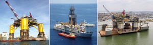 Fig. 00. Vito newbuild (left) on the way to Shell operations in the Gulf. Source: Sembcorp Marine. Due online in 2024, the Anchor project’s discovery well (center) was drilling in 2015 by Pacific Drilling’s Pacific Santa Ana drillship. Source: Chevron/Pacific Drilling. BP’s Argos platform (right) arrives in Texas. Source: BP.
