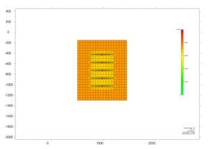 Fig. 11. Top view of middle block sim grid showing oil saturation after 13 years SuperEOR.