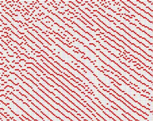 Fig. 8. Upper-left quadrant peak amplitudes (local maxima) detail from the table input to a spreadsheet. Here is where the steepest geologic dip occurs. The 1’s are converted into red squares, using the formatrcondition option. The zone is clearly dipping 45° to the right, but it yielded few long segments, due to the many discontinuities. Figure 4 shows that the results (short segments only in the area) are correct, because there are no connected segments remaining anywhere in the section post-algorithm.