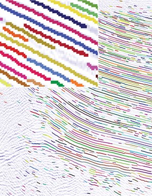 Fig. 7. Algorithm applied: All trough horizons posted on seismic negative amplitudes longer than 10 traces. The assigned colors of the segments/horizons are random to enable the individual lengths to be observed. The segments are congruent with the darkest blue, proving there is no offset error. Enlarged portion shows the detected horizons are congruent with the local minima.