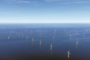Fig. 1. Exemplified by this wind farm complex offshore northern Germany, active offshore wind capacity shot up 58% during 2021. Image: RWE.