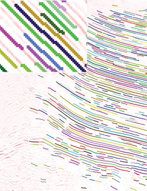 Fig. 6a. Algorithm applied: All peak horizons (segments posted on seismic positive amplitudes) longer than 10 traces. The color of the detected segments/horizons is randomized, so that the individual lengths can be seen. It appears that more seismic reflections should have been detected, and they have been, but are not longer than 10 traces. The zoomed-in detail show congruence with the input seismic peaks.