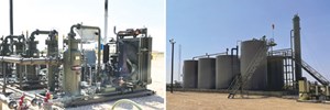 Fig. 1. A vapor recovery unit (left) captures gas from the tanks or recovery towers (right) and compresses it for injection into the sales line or to power artificial lift systems.