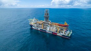Fig. 1. The Stena IceMax drillship is handling the drilling chores this summer on bp’s significant Cape Freels/Ephesus well offshore NL. Image: bp.