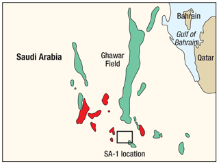 Fig. 1. The exploration area was located 100 km south of Ghawar Field, near existing oil and gas fields.