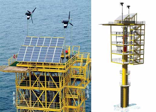 Fig.
1. Cutter field�s monotower uses wind turbines and solar panels.