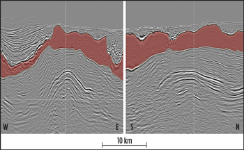 Inline and crossline from the wide-azimuth data, with the salt canopy indicated in red. Courtesy of Pemex.