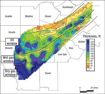 The Eagle Ford Shale play extends across South Texas  and has distinct updip oil, mid-dip gas/condensate and downdip dry gas windows. The shale thickness can be as much as 330 ft. Courtesy of EOG Resources.