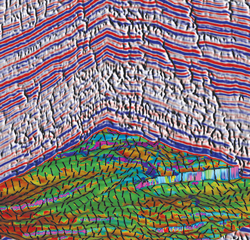 Interpreted structural horizon draped with thickness and dip indicators. Backdrop of vertical seismic panels with fracture patterns. Courtesy of Global Geophysical Services.