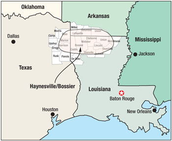 The Haynesville Shale play is located primarily in northeastern Louisiana and extends to East Texas and southeastern Arkansas.