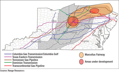 Pipeline infrastructure in the Marcellus fairway and areas under pipeline development. Photo courtesy of Range Resources.