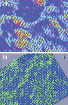 Stress orientation and intensity maps from full-azimuth residual moveout inversion (a) and AVA inversion (b).