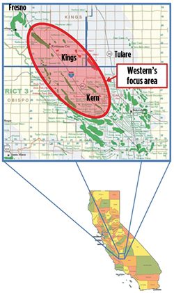 Fig. 5. Western Energy focus area, including acreage within the Aera Energy farm-in (map courtesy of Western Energy Production).   