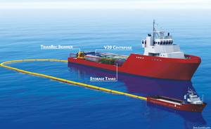 Artist’s rendering of the Ella G during skimming operations. The retrofitted platform supply vessel carries four V20 centrifuges. Courtesy of Ocean Therapy Solutions.