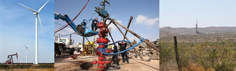 A pumpjack and wind turbine co-exist in the Permian basin of Texas (photo courtesy of Hendershot Photography, Midland, Texas); a wellhead frac rig-up underway 