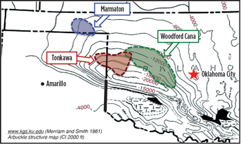 Decades of vertical history are on the verge of a rewrite, as operators apply horizontal methods across the Anadarko basin (top), including the Woodford Cana (center) and Granite Wash (bottom) plays.